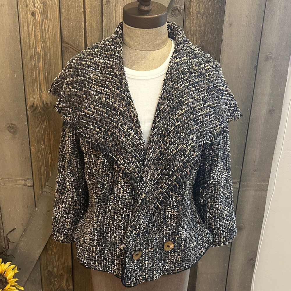 Anthropologie | People Like Frank Woven Cape Jacket 8 | Fringe Tweed Shawl